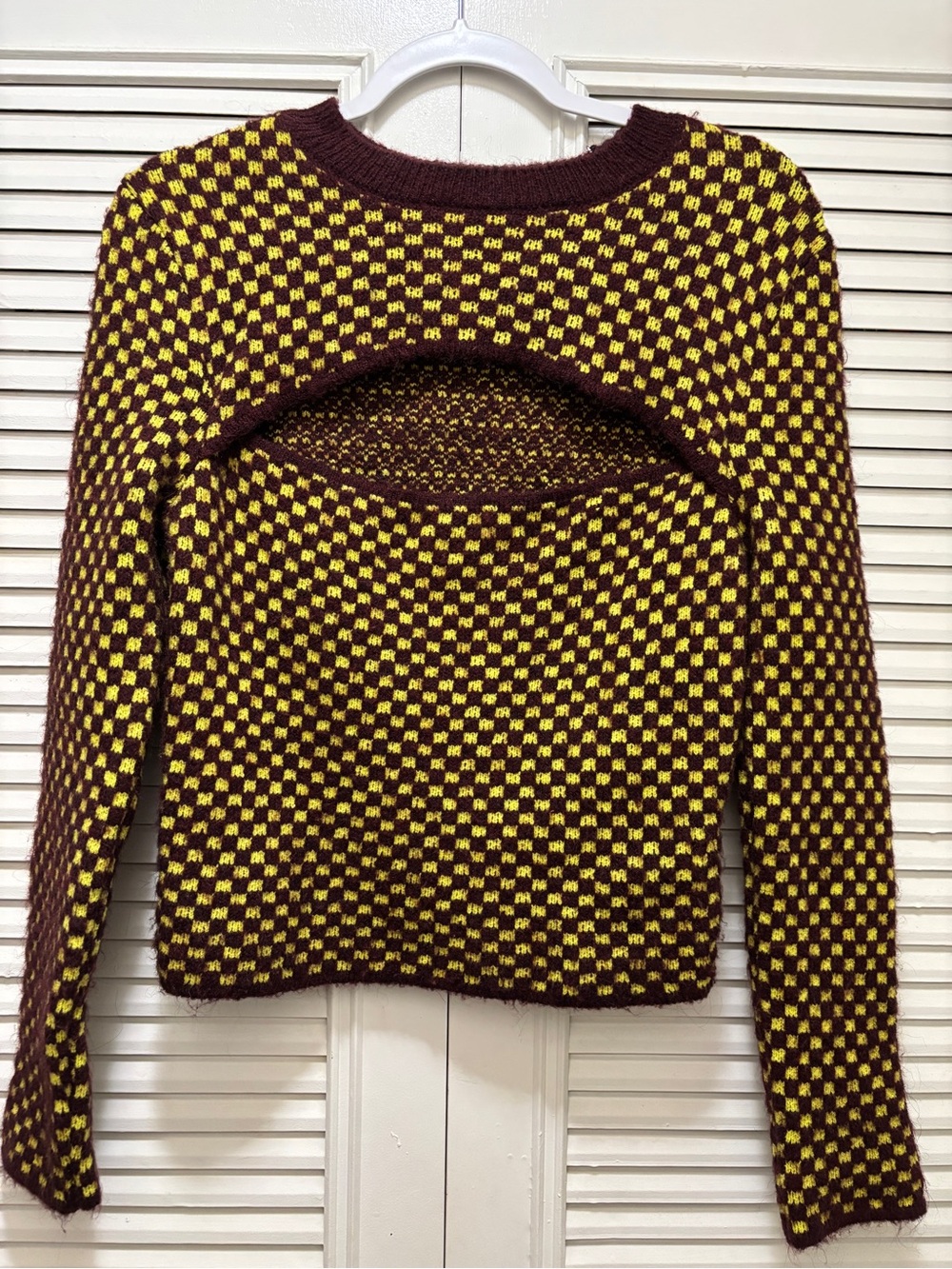 Zara Burgundy & Yellow Checker Knit Cutout Sweater
